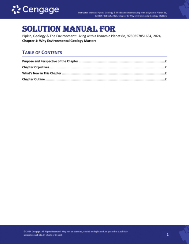 Solutions Manual For Geology and the Environment: Living with a Dynamic Planet 8th Edition by Paul Bierman, Richard Hazlett, Dee D. Trent Chapter 1-12