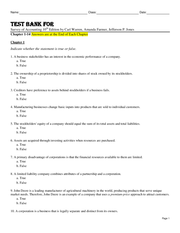 Test Bank For Survey of Accounting 10th Edition by Carl Warren, Amanda Farmer, Jefferson P. Jones Chapter 1-14Test Bank For Survey of Accounting 10th Edition by Carl Warren, Amanda Farmer, Jefferson P. Jones Chapter 1-14