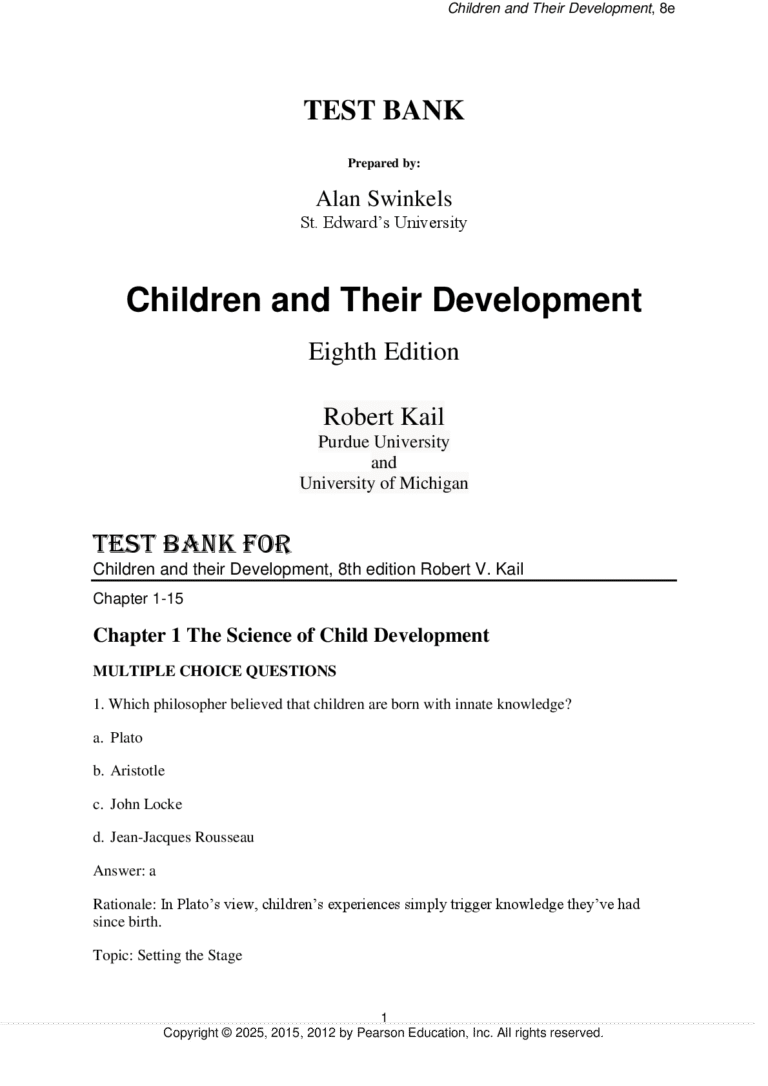 Test Bank for Children and their Development, 8th Edition by Robert V. Kail