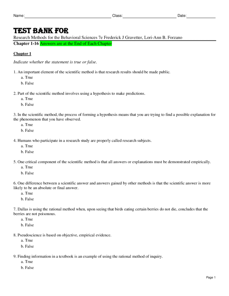 Test Bank For Research Methods for the Behavioral Sciences 7th Edition by Frederick J Gravetter, Lori-Ann B. Forzano Chapter 1-16