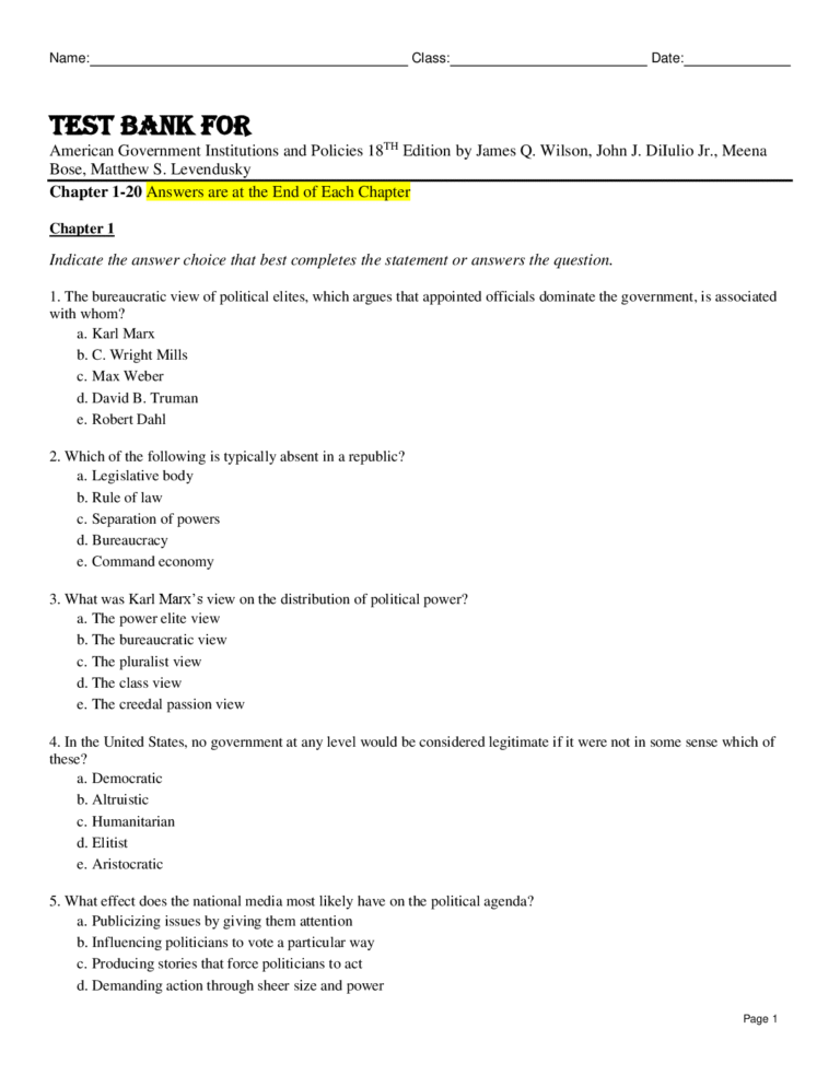 Test Bank For American Government Institutions and Policies 18th Edition by James Q. Wilson, John J. DiIulio Jr., Meena Bose, Matthew S. Levendusky Chapter 1-20