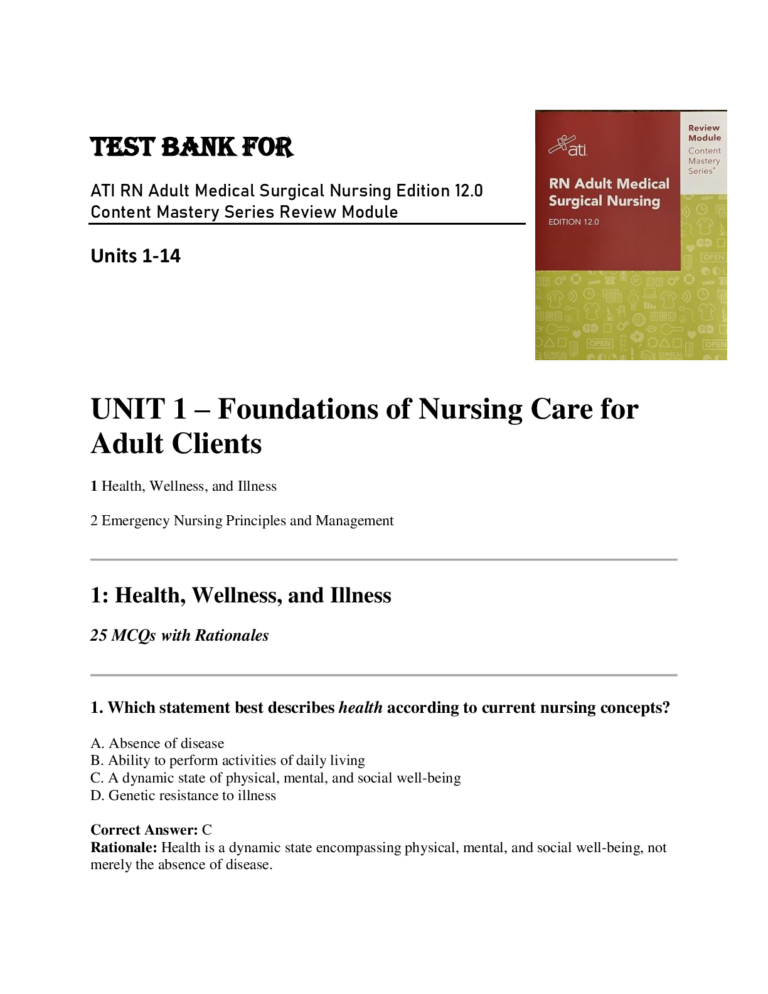 TEST BANK for ATI RN Adult Medical Surgical Nursing Edition 12.0 Content Mastery Series Review Module Units 1-14