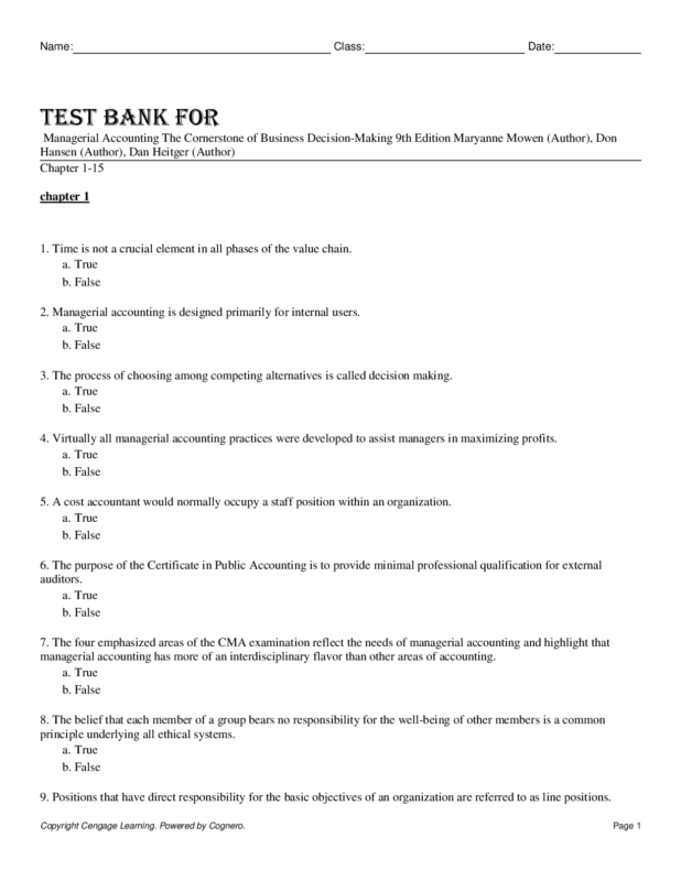 Test Bank For Managerial Accounting: The Cornerstone of Business Decision-Making 9th Edition Maryanne Mowen (Author), Don Hansen (Author), Dan Heitger