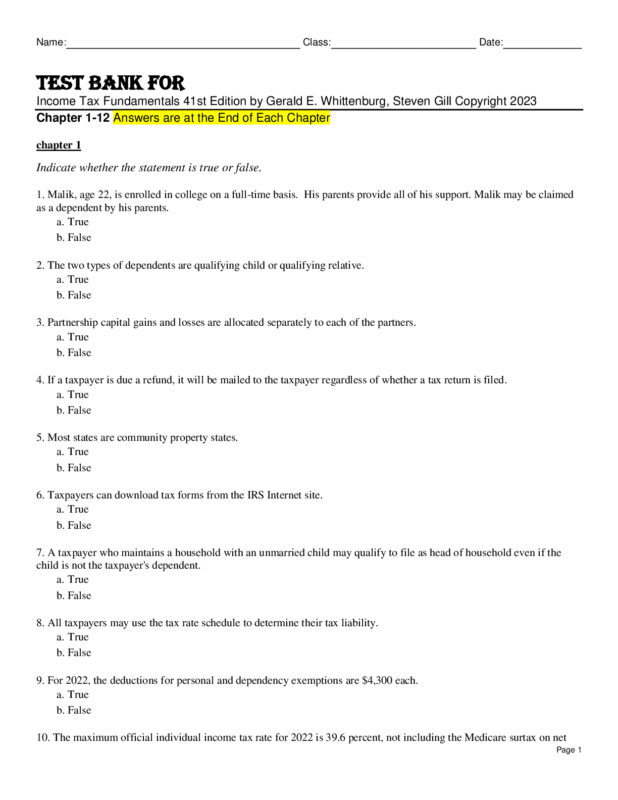 Test Bank For Income Tax Fundamentals 41st Edition by Gerald E. Whittenburg, Steven Gill Copyright 2023 Chapter 1-12