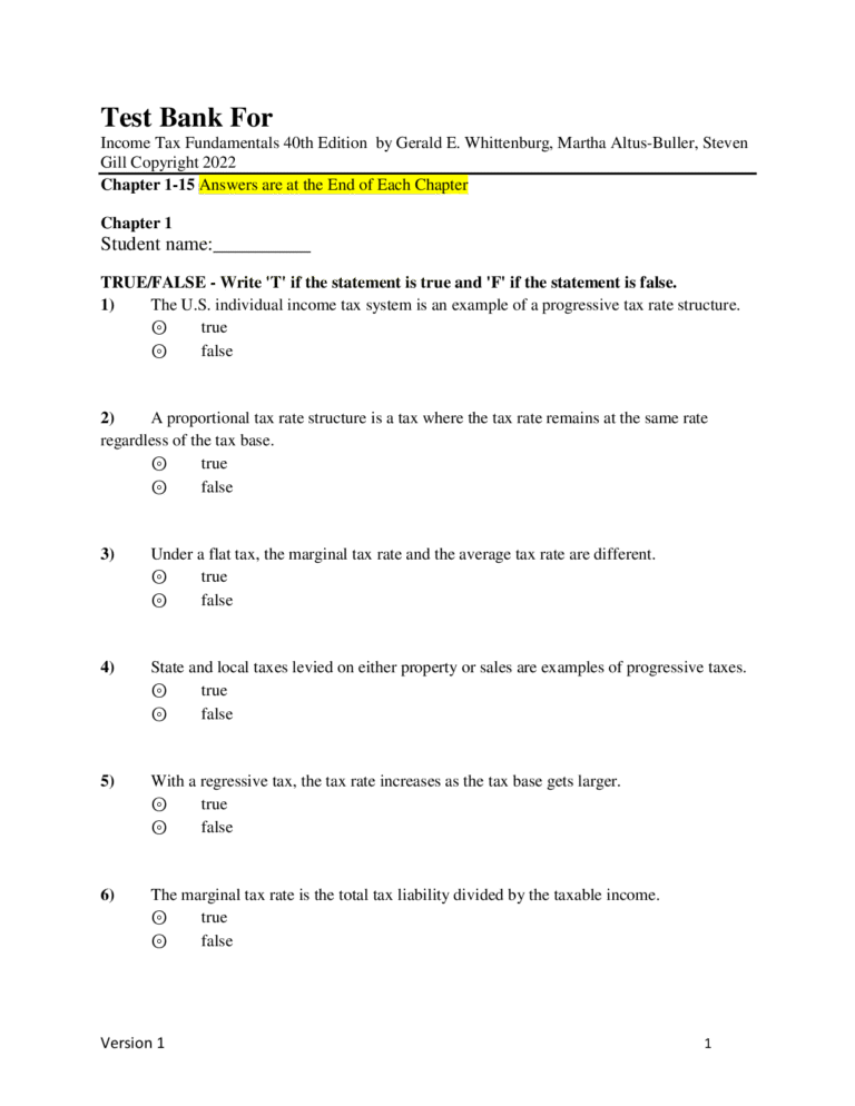 Test Bank For Income Tax Fundamentals 40th Edition by Gerald E. Whittenburg, Martha Altus-Buller, Steven Gill Copyright 2022 Chapter 1-15