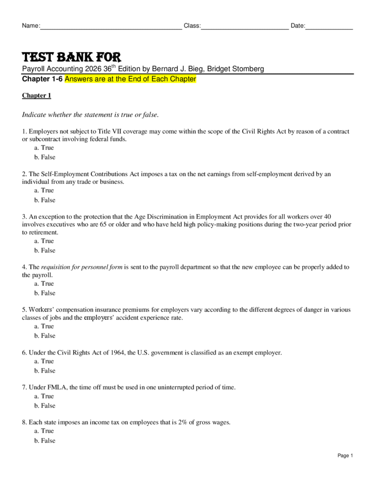 Test Bank For Payroll Accounting 2025 36th Edition by Bernard J. Bieg, Bridget Stomberg Chapter 1-6