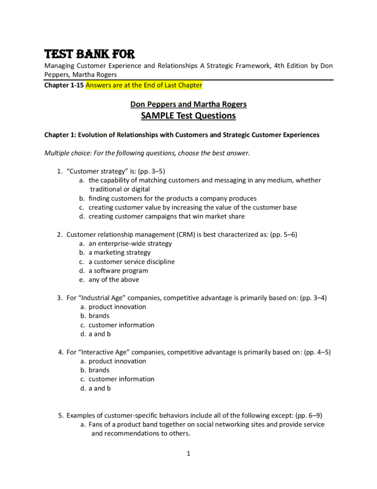 Test Bank For Managing Customer Experience and Relationships: A Strategic Framework, 4th Edition by Don Peppers, Martha Rogers Chapter 1-15