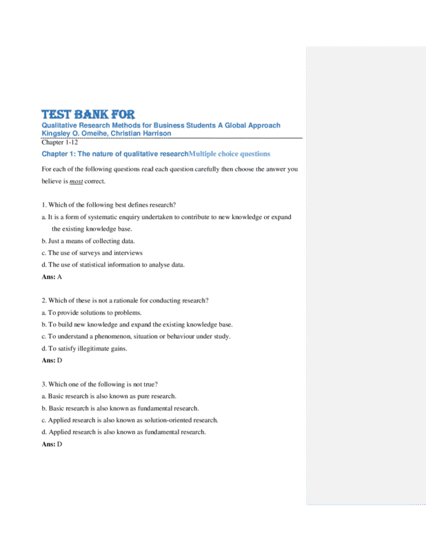 Test Bank For Qualitative Research Methods for Business Students: A Global Approach by Kingsley O. Omeihe, Christian Harrison