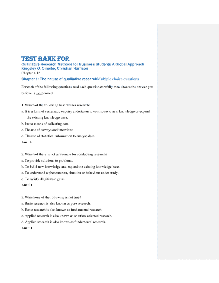 Test Bank For Qualitative Research Methods for Business Students: A Global Approach by Kingsley O. Omeihe, Christian Harrison