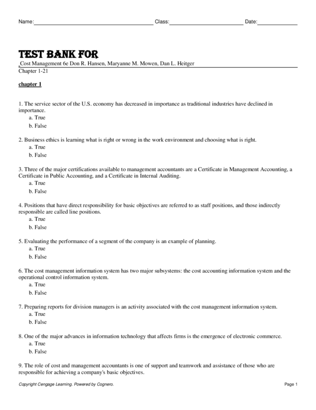 Test Bank For Cost Management 6th Edition by Don R. Hansen, Maryanne M. Mowen, Dan L. Heitger