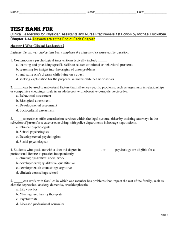 Test Bank For Clinical Leadership for Physician Assistants and Nurse Practitioners 1st Edition by Michael Huckabee Chapter 1-14