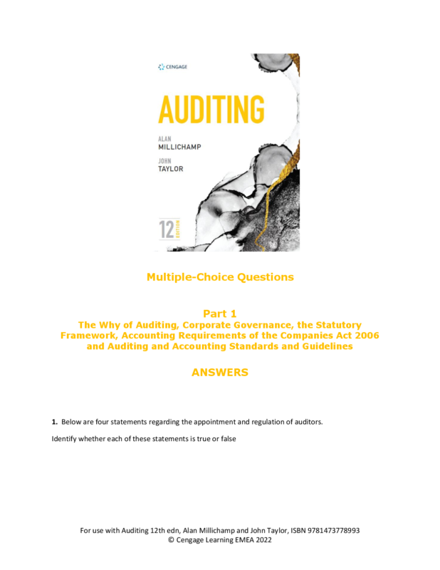 Test Bank for Auditing, 12th Edition John R. Taylor, Alan Millichamp