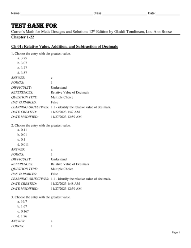Test Bank For Curren’s Math for Meds: Dosages and Solutions 12th Edition by Gladdi Tomlinson, Lou Ann Boose Chapter 1-22
