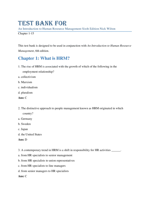Test Bank For An Introduction to Human Resource Management 6th Edition By Nick Wilton