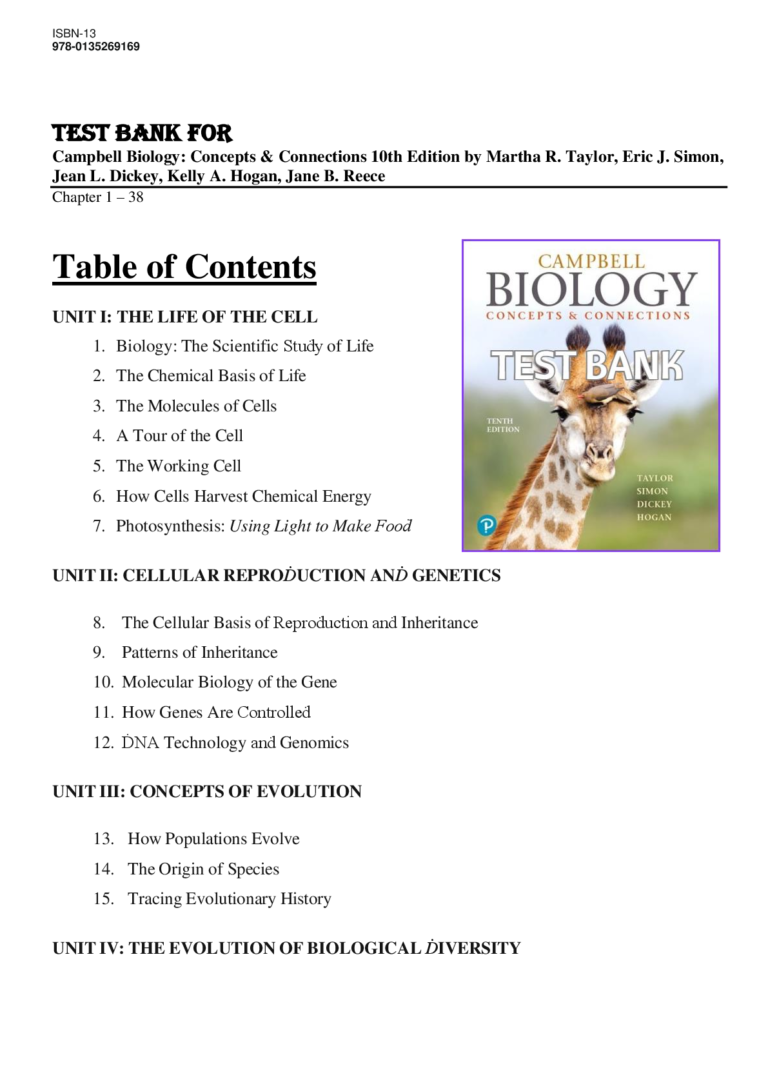 Test Bank for Campbell Biology Concepts & Connections 10th Edition by Martha R. Taylor, Eric J. Simon, Jean L. Dickey, Kelly A. Hogan, Jane B. Reece