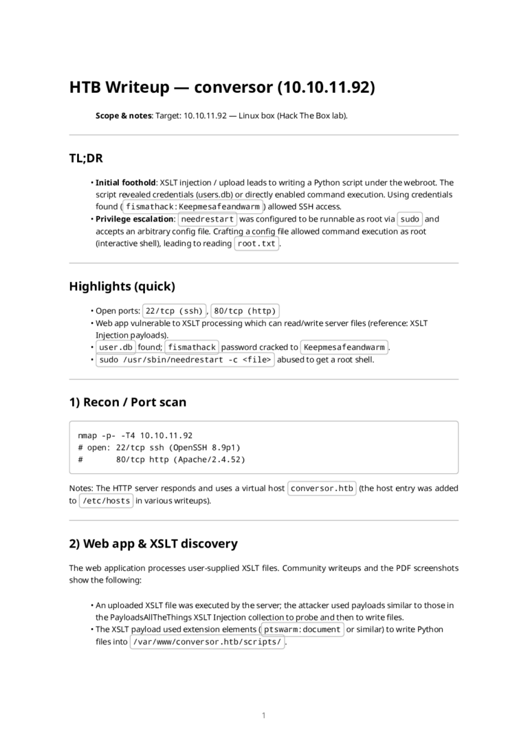 HTB Writeup — conversor (10.10.11.92) Scope & notes: Target: Linux box (Hack The Box lab).