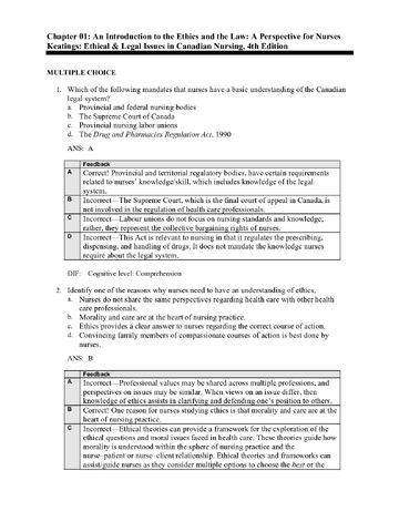Test Bank for Ethical & Legal Issues in Canadian Nursing, 4th Edition, 4e by Margaret Keatings, Pamela Adams TEST BANK