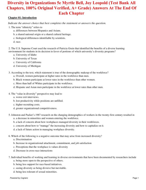 Test Bank for Diversity in Organizations 5th Edition By Myrtle Bell, Joy Leopold (All Chapters, 100% Original Verified, A+ Grade)