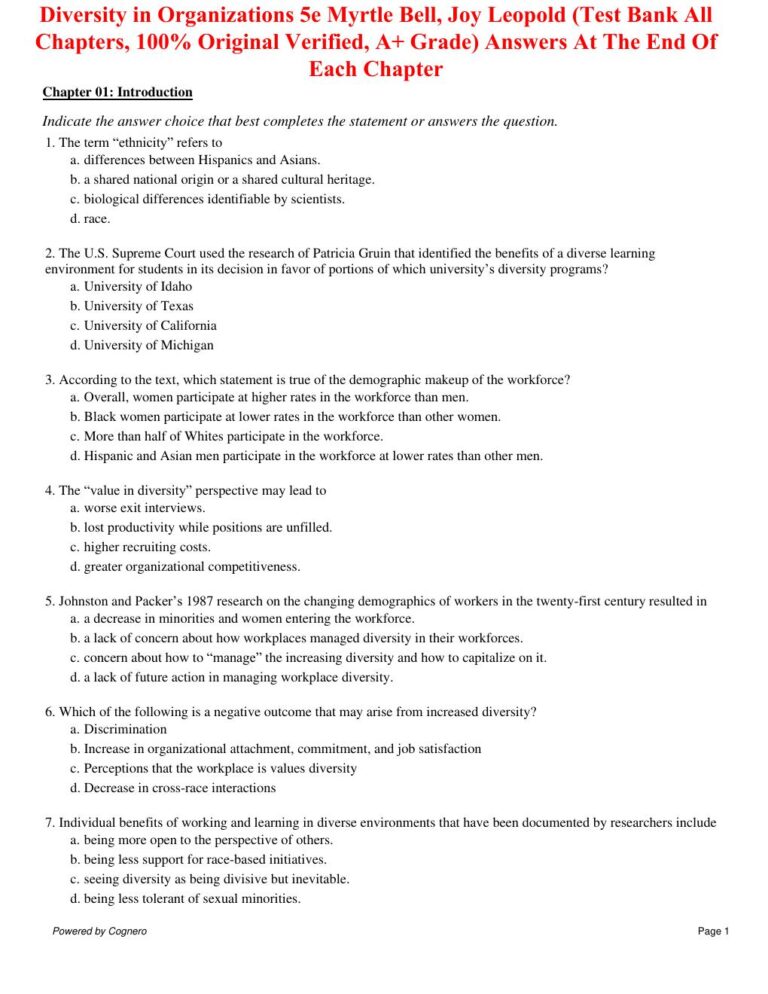 Test Bank for Diversity in Organizations 5th Edition By Myrtle Bell, Joy Leopold (All Chapters, 100% Original Verified, A+ Grade)