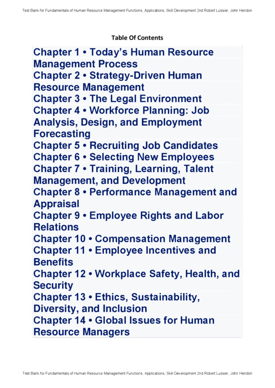 Test Bank for Fundamentals of Human Resource Management: Functions, Applications, Skill Development 2nd Edition By Robert Lussier, John Hendon