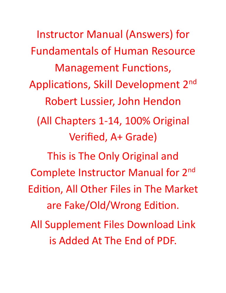 Instructor Manual for Fundamentals of Human Resource Management: Functions, Applications, Skill Development 2nd Edition By Robert Lussier, John Hendon