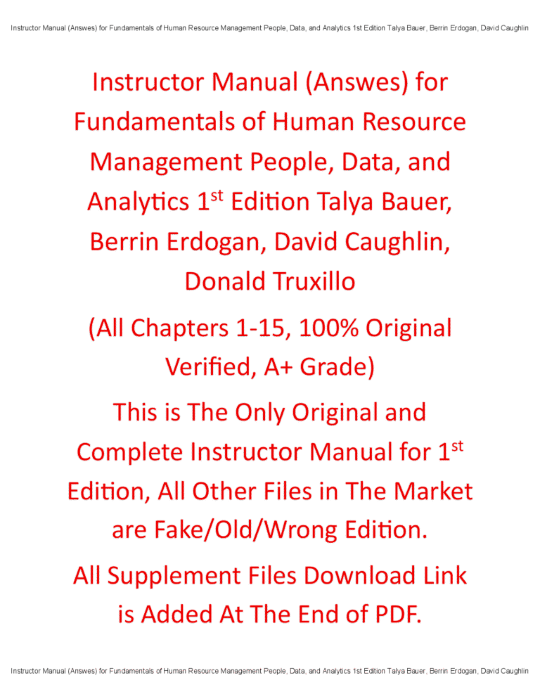 Instructor Manual for Fundamentals of Human Resource Management: People, Data, and Analytics 1st Edition By Talya Bauer, Berrin Erdogan, David Caughlin, Donald Truxillo