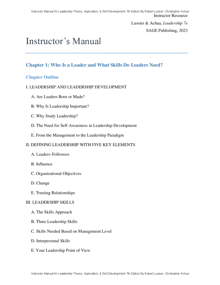 Instructor Manual for  Leadership Theory, Application, & Skill Development 7th Edition By Robert Lussier, Christopher Achua