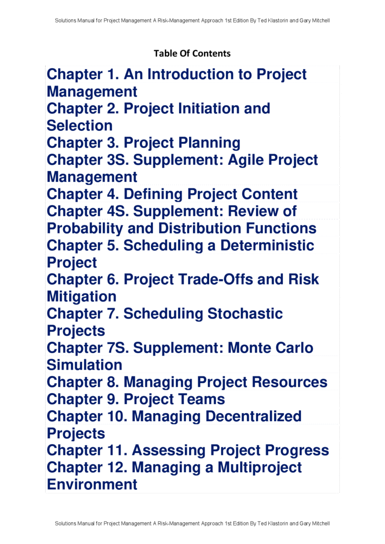 Solutions Manual for Project Management A Risk-Management Approach 1st Edition By Ted Klastorin and Gary Mitchell