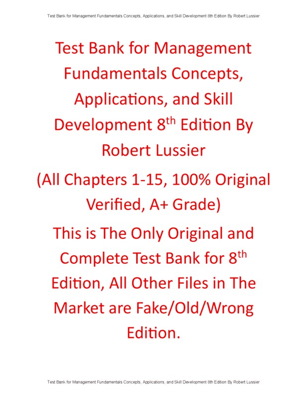 Test Bank for Management Fundamentals Concepts, Applications, and Skill Development 8th Edition By Robert Lussier