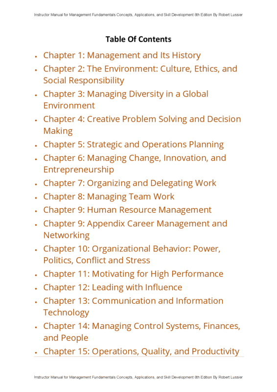 Instructor Manual for Management Fundamentals Concepts, Applications, and Skill Development 8th Edition By Robert Lussier