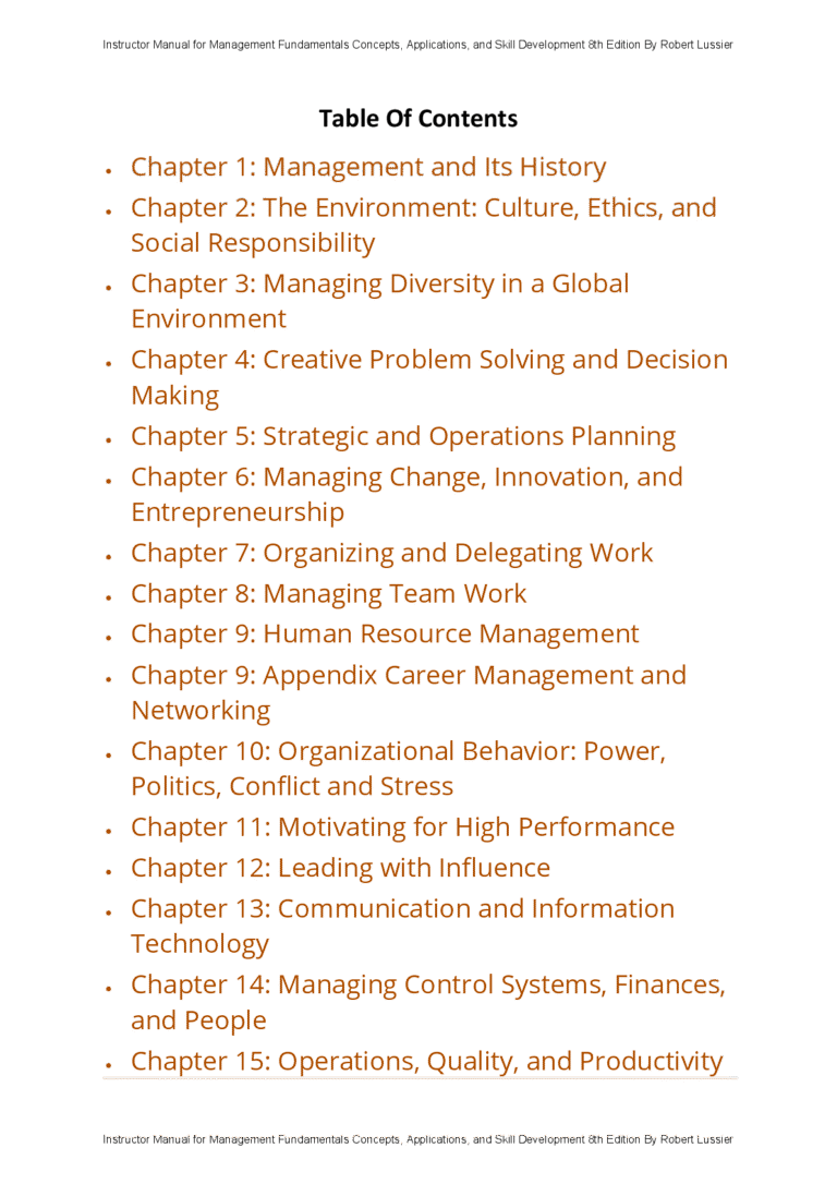Instructor Manual for Management Fundamentals Concepts, Applications, and Skill Development 8th Edition By Robert Lussier