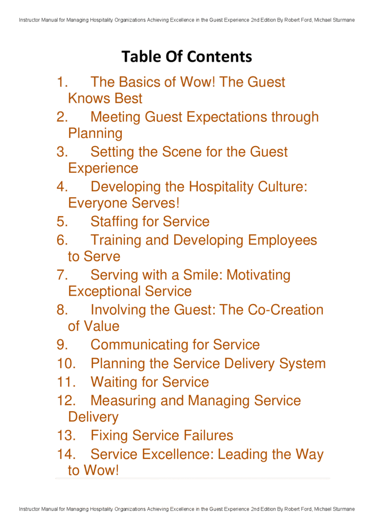 Instructor Manual for Managing Hospitality Organizations Achieving Excellence in the Guest Experience 2nd Edition By Robert Ford, Michael Sturmane