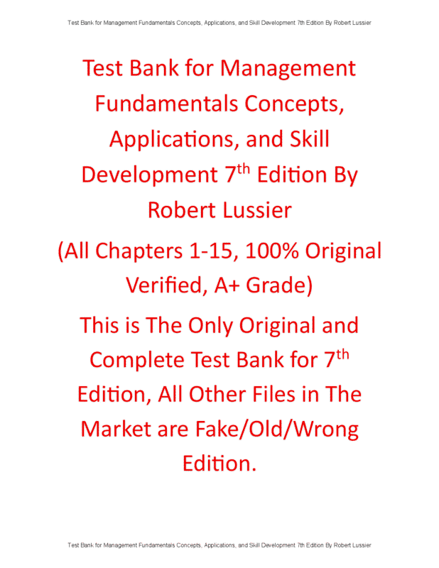 Test Bank for Management Fundamentals Concepts, Applications, and Skill Development 7th Edition By Robert Lussier