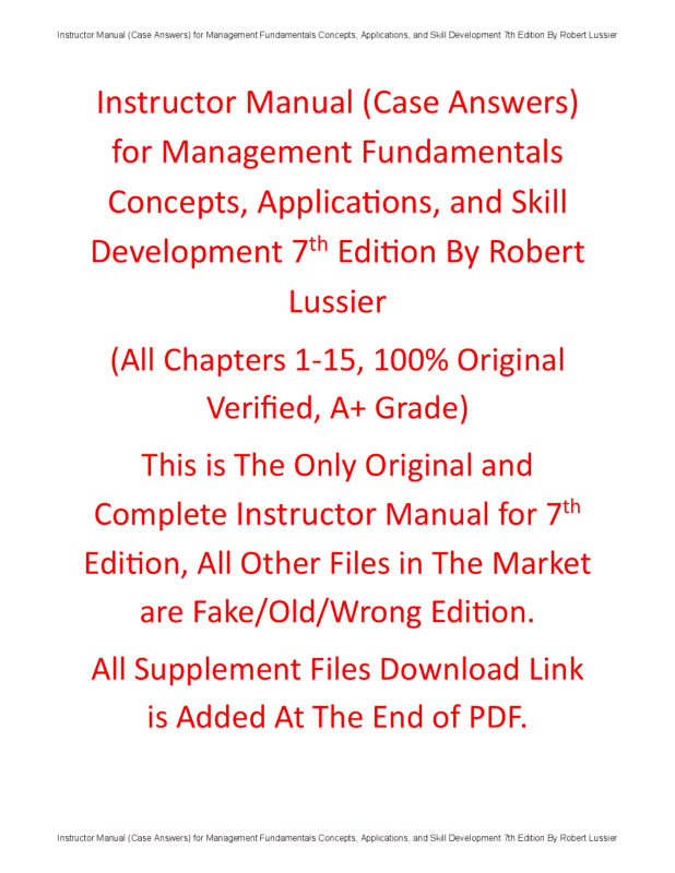 Instructor Manual for Management Fundamentals Concepts, Applications, and Skill Development 7th Edition By Robert Lussier