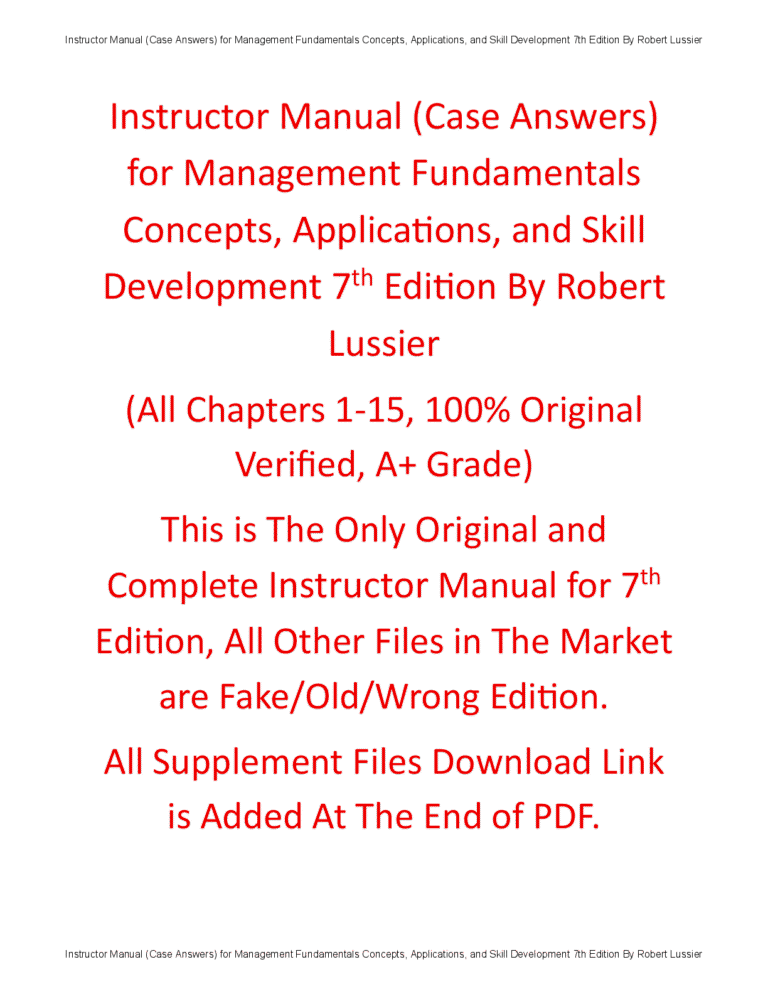 Instructor Manual for Management Fundamentals Concepts, Applications, and Skill Development 7th Edition By Robert Lussier