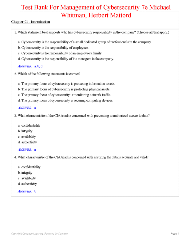 Test Bank for Management of Cybersecurity 7th Edition By Michael Whitman, Herbert Mattord