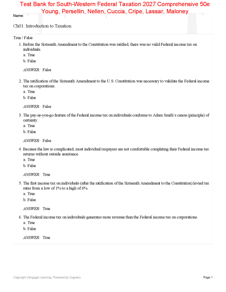 Test Bank for South-Western Federal Taxation 2027 Comprehensive 50th Edition By Young, Persellin, Nellen, Cuccia, Cripe, Lassar, Maloney
