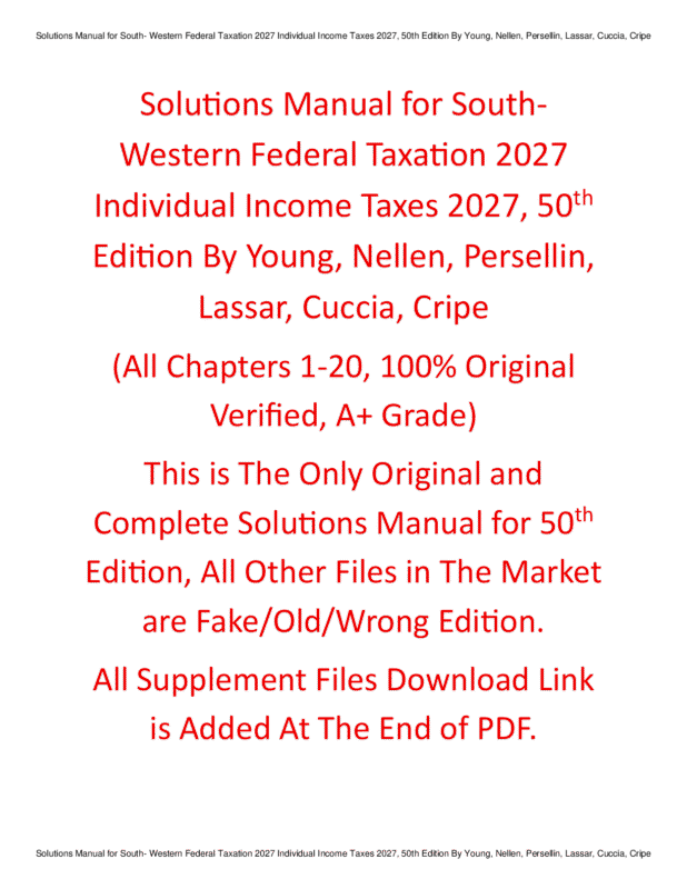Solutions Manual South-Western Federal Taxation 2027 Individual Income Taxes, 50th Edition By Young, Nellen, Persellin, Lassar, Cuccia, Cripe