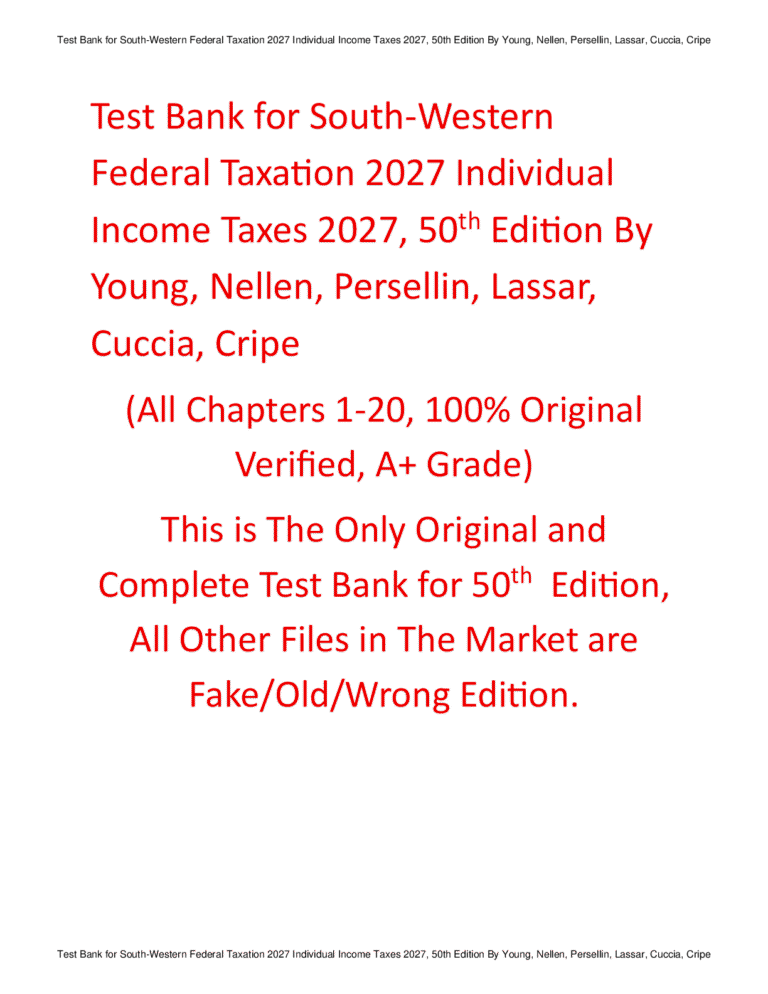 Test Bank for South-Western Federal Taxation 2027 Individual Income Taxes, 50th Edition By Young, Nellen, Persellin, Lassar, Cuccia, Cripe