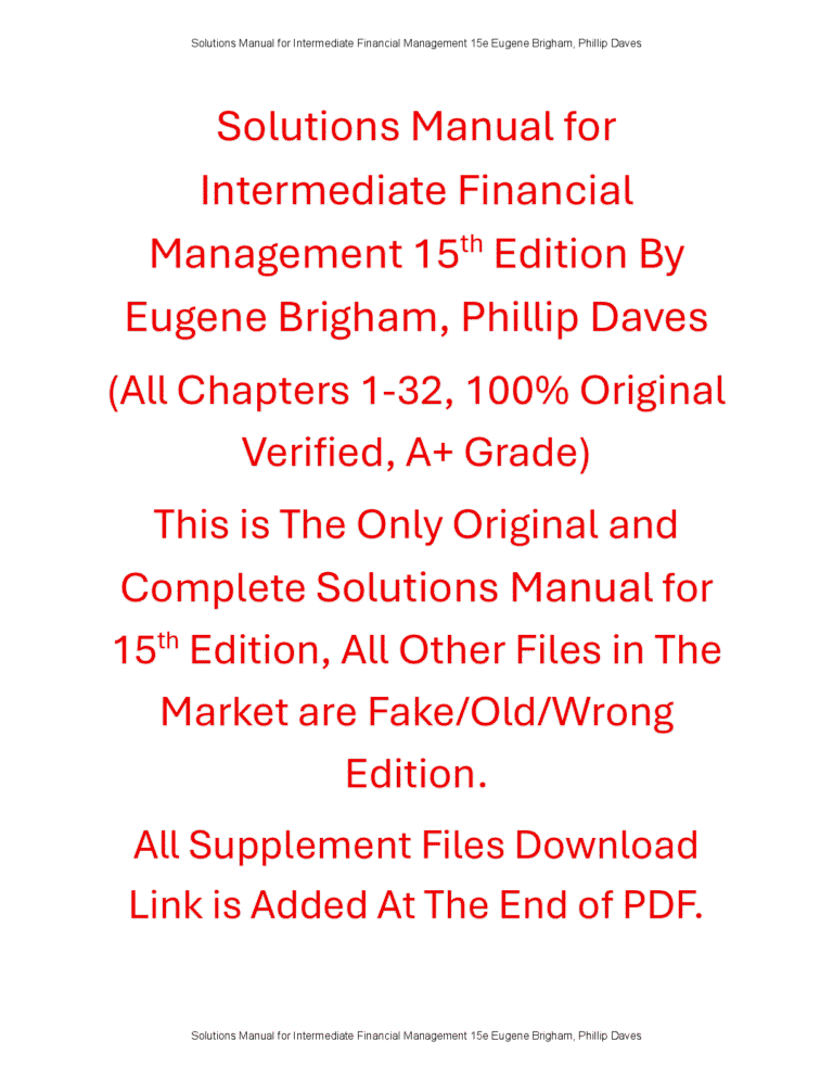 Solutions Manual for Intermediate Financial Management 15th Edition By Eugene Brigham, Phillip Daves