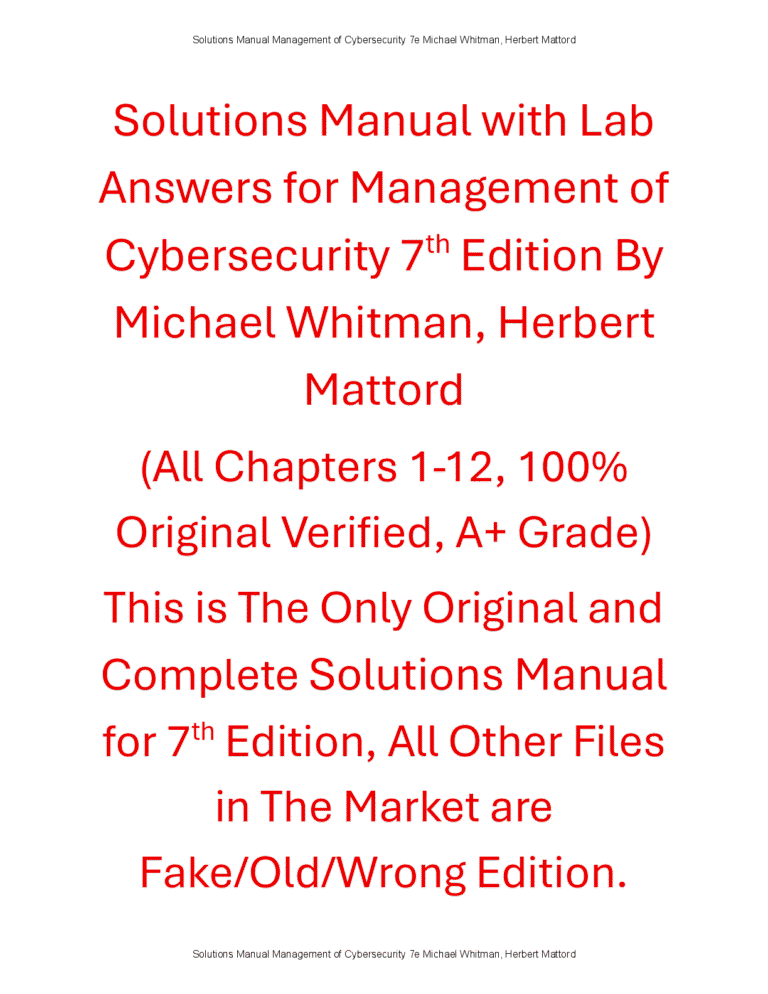 Solutions Manual with Lab Answers Management of Cybersecurity 7th Edition By Michael Whitman, Herbert Mattord