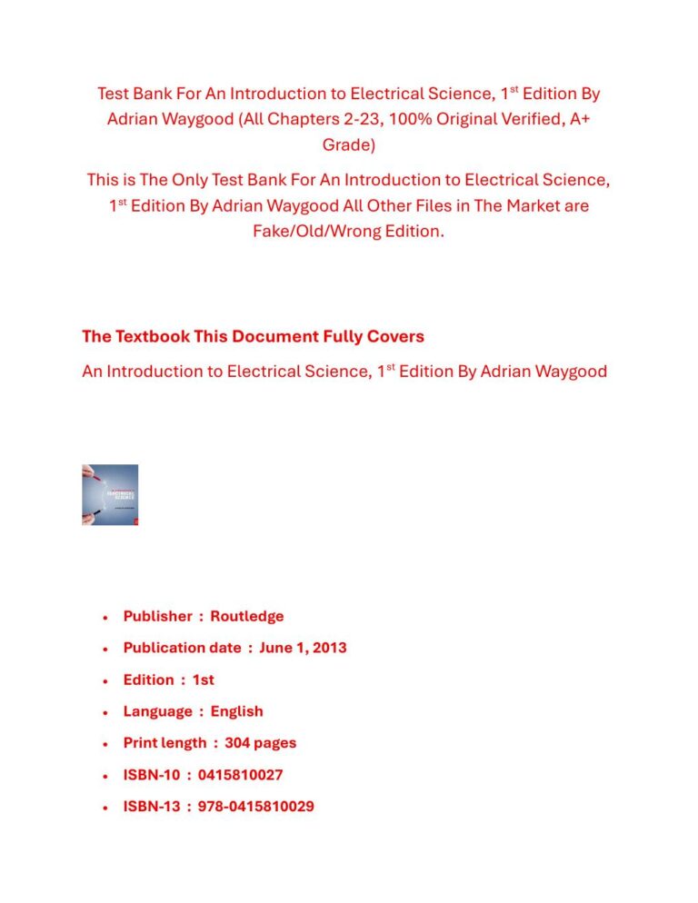Test Bank For An Introduction to Electrical Science, 1st Edition By Adrian Waygood