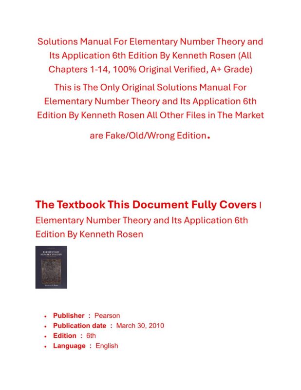Solutions Manual for Elementary Number Theory and Its Application 6th Edition By Kenneth Rosen