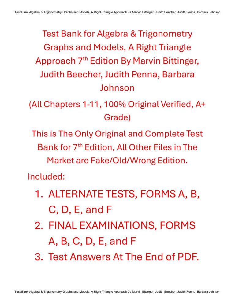 Test Bank for Algebra & Trigonometry Graphs and Models, A Right Triangle Approach 7th Edition By Marvin Bittinger, Judith Beecher, Judith Penna, Barbara Johnson