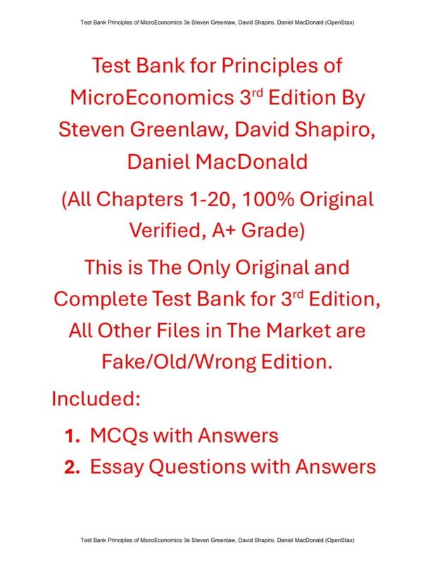 Test Bank for Principles of MicroEconomics 3rd Edition By Steven Greenlaw, David Shapiro, Daniel MacDonald