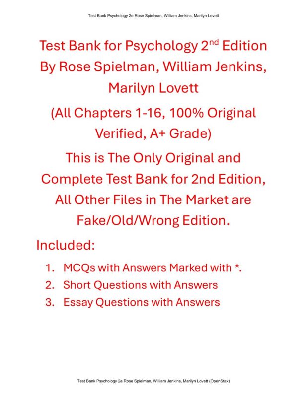 Test Bank for Psychology 2nd Edition By Rose Spielman, William Jenkins, Marilyn Lovett