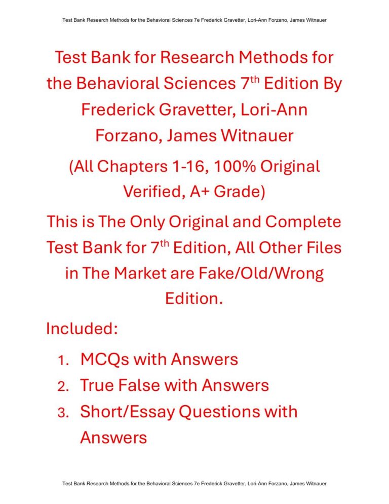 Test Bank for Research Methods for the Behavioral Sciences 7th Edition By Frederick Gravetter, Lori-Ann Forzano, James Witnauer