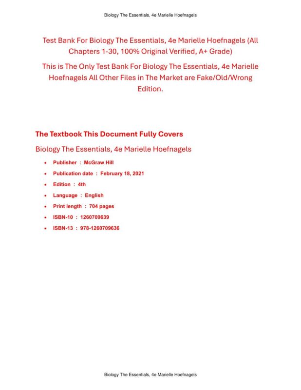 Test Bank For Biology: The Essentials, 4th Edition By Marielle Hoefnagels