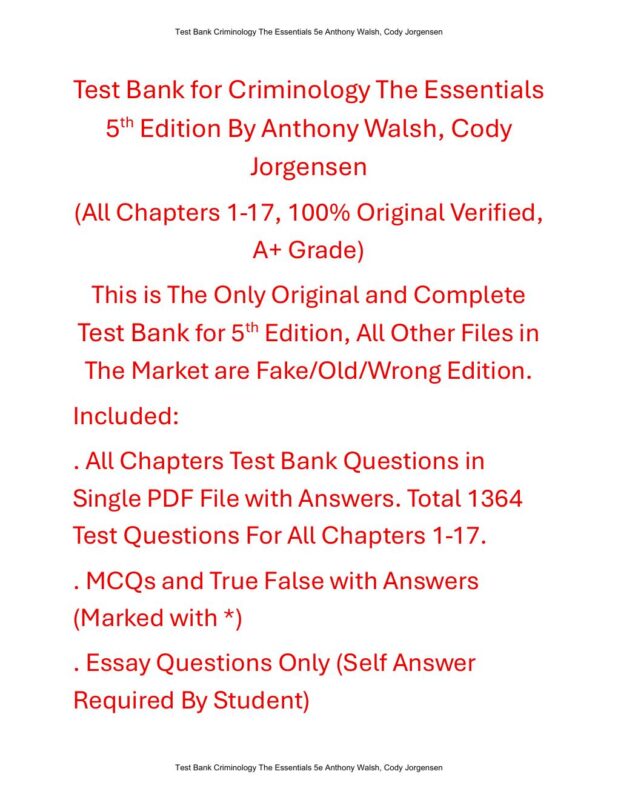 Test Bank For Criminology The Essentials 5th Edition By Anthony Walsh, Cody Jorgensen