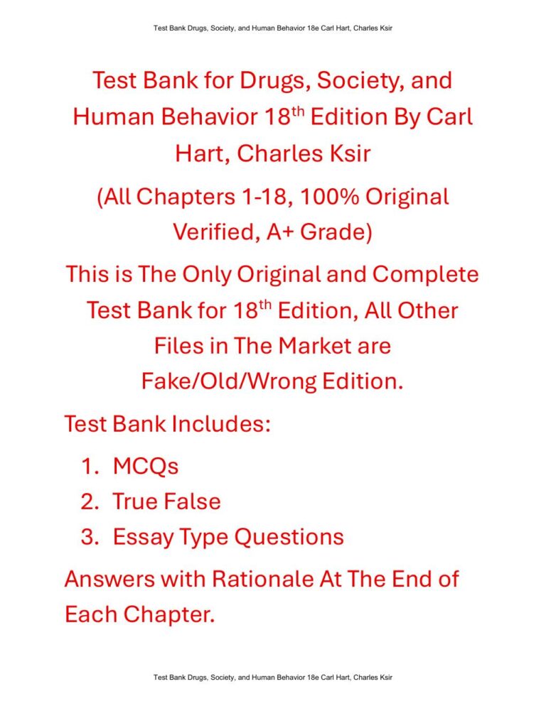 Test Bank For Drugs, Society, and Human Behavior 18th Edition By Carl Hart, Charles Ksir